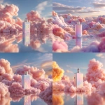 **Hyper-realistic 3D render of a pastel fantasy world made of cotton candy clouds and whipped cream textures. Soft pinks, peaches, and baby blues. A Turn vape box placed center-frame on a glossy surface surrounded by dreamy smoke and glowing reflections. Cinematic daylight lighting, creamy bokeh, product perfectly in focus, 1080x1920** - <@1222952432976400474> (fast)