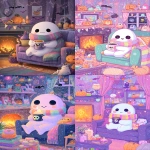**super cute kawaii ghost with big round black eyes and cozy striped scarf, sitting happily on a sofa in a warm living room, holding a donut and a mug with a skull design, glowing fireplace in the background, pumpkins, friendly bats, colorful Halloween decorations around, magical sparkles, adorable cat curled up, pastel color palette, highly detailed, soft, inviting and vibrant, a4 cover illustration, full color, --ar 5:7** - <@437878260013989888> (relaxed)