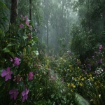 **A hyper-realistic image of a lush, green forest during gentle rain. The forest is filled with broad-leaved trees and vibrant blooming flowers in various colors pink, purple, yellow, and white. The leaves glisten with raindrops, and petals are slightly wet. Mist rises gently from the forest floor, and soft ambient light filters through the canopy. Raindrops are falling delicately, some caught midair. The atmosphere is serene and magical, like a hidden paradise. Realistic lighting, 85mm DSLR photo, cinematic mood, natural soft focus, shallow depth of field. --ar 16:9** - Image #2 <@966716359268499528>