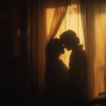 **A romantic couple sharing an intimate moment behind soft golden curtains, warmly lit by a cozy floor lamp, wrapped together in a blanket, silhouetted gently, dreamy and tender atmosphere, early morning or twilight glow, peaceful indoor setting, shallow depth of field, cinematic lighting, vintage color grading, 35mm film style, subtle grain, emotional storytelling, soft focus, style cinematic** - Image #1 <@1331627685406965792>
