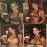 **1983 polaroid photo, full body, drunk beautiful young tanned black-haired woman, muscular fitness bodybuilder female, background is a tiki bar on a Florida beach. Holding out a plastic cup with freshly poured frothing beer, she has long curly hair with sidelocks ringlets and braids, thick eyebrows, amber eyes, big long straight nose lots of freckles, moles above mouth and under eye, short weak chin, chubby cheeks, friendly easy-going smile, intricate details, sign text "FREE BEER TOMORROW - BRING YOUR SPELEOTHEM" --ar 3:4 --v 7.0 --raw --p 9ss3njw** - <@538878031226470440> (fast)