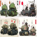 **a dnd style concept art with Ashley Wood details of two feudal japan wooden and old iron nuclear powered main battle tanks, Japan Taisho era armada, have different number in the body, same size but not identical, dark industrial scifi style, labeled as armada best units, black-sand color with navy accents and small hi-viz lime and red hazard markings, mechanical details, Japanese characters graffiti on the turret, realistic look, moody atmosphere, a little bit foggy, signal towers, various size nobori, various size lanterns, robotic-mechanical arms, have japanese anime mural on the body, signal cabbles, on a white background in the style of Studio Ghibli and Makoto Shinkai, cel-shaded, full-body, cartoon, 2D game art --ar 11:5 --v 7.0** - <@1043498067623686144> (fast)