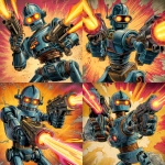 **scifi comic book style, classic robot, holding two ray guns, firing lasers, glowing eyes, colorful, scifi comic book style** - Variations (Strong) by <@186377350642925568> (fast)