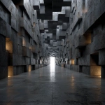 **Futuristic walls made of layered cubes, symmetrical perspective, tall walls covered with floating and embedded blocks of varying sizes, metallic textures, cyberpunk vibe, dark unlit end of corridor, no lights in the distance, volumetric lighting, dark sci-fi atmosphere, ultra detailed, --s 250 --v 7.0** - Image #3 <@1057577968781762630>