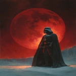 **Darth Vader poster, lunar eclipse on the background, in the style of Norman Rockwell and Boris Vallejo --v 7.0 --ar 3:4** - Image #1 <@1071437900610293863>