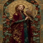 **photorealistic, klimt, like the Nine of Pentacles tarot card, exactly NINE large golden FIVE-POINTED STAR pentacle pentagram coins with visible star symbol clearly visible hanging on vines or displayed in a lush abundant garden, each pentacle must show a five-pointed star ⭐ symbol, an elegant Indian woman standing alone in the garden wearing luxurious burgundy and teal robes with rich gold Klimt patterns, a beautiful falcon or elegant bird perched on her gloved hand, expression of calm self-possession and serene independence, the nine star pentacles are prominent and easy to count in the garden around her, pentacles are star-shaped coins not circles, Byzantine gold mosaic patterns in background, atmosphere of svatantra self-sufficiency through conscious development, sense of earned independence and inner wealth, jewel tones burgundy teal gold and rich garden greens, ornate baroque frame, mood of mastery and self-reliance, --ar 2:3 --raw** - Image #3 <@1122608133139857530>