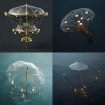 **A mechanical parabolic parasol, made of glass and metal materials, with many steel wires connected to the top and bottom in an X-shape. The stem is adorned with golden light bulbs. It floats on the water surface. In the style of Surrealism. Volumetric lighting. Top view. Aerial photography perspective. High resolution. --s 50** - <@384539369404629002> (fast)