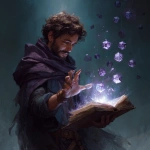 **a d&d character portrait depicting a young man with short brown curly hair, with realy short beard and brown eyes, wearing a dark purple cloak. he is throwing dice into the air from an open book he is holding, and his hands are glowing white as he casts magic. floating d20s surround him, in a fantasy art style painting. --ar 1:1** - Image #1 <@568579821861339137>