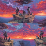 **a man with a metallic arm, a futuristic rifle, and a broad brimmed hat looking off a cliff toward a dramatically colorful sunset, his dog is sitting next to him, 8bit color, retro video game rosolution --ar 5:7** - Variations (Strong) by <@481618854582157330> (fast)