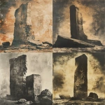 **an huge, divine megalithic stone structure reaching toward the sky, divine light, monochrome, burnt sienna, damaged Anthotype print, scratched, dynamic movement --ar 3:4 --v 6.0 --s 250** - <@1089203343378878556> (fast)