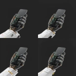 **iphone17, straight on, held by robot hand made of coding lines --v 7.0** - Zoom Out by <@1048326817838280714> (fast, stealth)