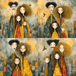 **whimsical photorealistic illustration of a fathers d mother with their girl and boy, father has black hair and a moustache, he’s wearing glasses, mother has curly blonde hair and she’s wearing glasses girl has dark brown hair and she’s wearing glasses, son has light brown hair --v 7.0 --p b3kgthr --s 750** - Variations (Strong) by <@520759084903956481> (fast)
