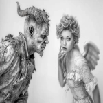 **There are Monsters and there are Angel Manneqins, in the style of a Gothic Romance, with slight motion blur, the monster represents Evil and the Angel represents Good. Evil is devilishly handsome and Good is ethereally beautiful. --ar 99:70 --s 250 --c 25 --iw 3 --raw --q 4 --p jh81ly1 4x7uqag** - Image #2 <@1059634795207991457>