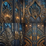 **Close-up of an Art Deco style entrance door, featuring intricate geometric and fan-shaped patterns, glowing gold and bronze metallic details, rich deep blue glass panes, stylized floral motifs, symmetrical ornate carvings, ultra high-resolution, cinematic lighting, luxurious 1920s aesthetic, sharp focus on the craftsmanship and texture** - <@856182890572415006> (fast)