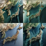 **a conceptual map of Japan connected to the Eurasian continent by land, Japan is no longer an island, landmass linking Japan to Korea and China, natural terrain integration, topographic map style, realistic earth colors, satellite view, --ar 16:9** - <@1099207703915679824> (fast)