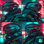 **realistic cyberpunk black female at night in a neon city background, red and turquoise. Strong with light from above, on the face. High contrast. The female is looking towards the camera 3/4 view, she has braids and a side shave, glowing eye cyber gear, glowing ear cyber gear. --ar 9:16 --v 7.0** - Variations (Strong) by <@1174469651695144981> (fast)