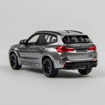 **A studio photograph of a plastic toy BMW X3 M Competition in ash grey, miniature scale, clearly a toy car. Strong exaggerated plastic look, shiny molded plastic, visible seams and toy-like construction, simplified details, rounded edges, slightly unrealistic proportions typical of toy models. Glossy synthetic finish, injection-molded plastic appearance. The car is centered in the frame and appears small within the composition, surrounded by generous negative space. Rear left three-quarter view. The trunk is open, revealing two transparent plastic toy bags filled with stylized cannabis buds made of plastic, clearly fake and toy-like. Scale model, collectible toy, miniature diorama, unmistakably a toy vehicle. Clean seamless white background, high-key studio lighting, soft diffused shadow directly underneath, product photography for toys, shallow depth of field, macro lens look, hyper-detailed plastic textures, no realism cues of a real car, no people, no text --ar 1:1 --v 6.0 --raw** - Image #3 <@374329521580802048>