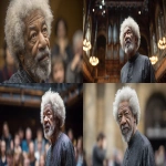 **eye-level front-facing shot, a high definition photo realistic of an elderly black man in his 60s, with grey afro and moderate grey beards, wole soyinka, standing in the centre of the frame, full body shot, standing with one hand in his pockets, full body , blurred out audiences in the background and surrounding, addressing the student at Oxford University United Kingdom, detailed aesthestics, beautiful stage lights, wearing smooth dark african native outfit, detailed image, --ar 16:9 --v 7.0** - <@1065391125663322203> (fast)