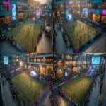 **Young Indian boys and girls playing football on a small 5v5 pitch inside a modern shopping mall, vibrant Premier League branding on boards and banners, a live rap performance on a small stage beside the pitch, energetic crowd of fans filling the upper levels and stands, colorful mall lighting, dynamic motion blur, excited expressions, streetwear outfits, celebratory atmosphere, high-energy urban sports festival vibe, ultra-realistic, cinematic lighting, wide-angle shot --ar 16:9** - Variations (Strong) by <@1263206055928791131> (fast)