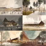 **collage of institutional buildings including community centers, healthcare facilities, gathering spaces, welcoming architecture, community-focused design --ar 4:3** - Image #1 <@794327127260266516>