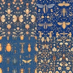 **Orange, sky blue and pink on a field of blue wallpaper by William Morris with elaborate circular symmetry using beetles, ants, bees, caterpillars, and dragonflies that all face outward in a circle from a central moth --tile --style raw --personalize v83gzq7 --stylize 888 --iw 0.75 --v 6.1** - <@688195114849271814> (fast)