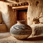 **ancient New Mexico pottery olla with stylized lizard procession band (gecko-like silhouettes, non-sacred, geometric, thin-line), black-on-white, weathered matte slip, small chips; near a tan adobe doorway with wooden lintel, soft late sun, watercolor granulation, in the style of E. H. Shepard, 1910 respectful, non-sacred motifs, not a museum label --ar 4:5 --stylize 300 --chaos 4 --no glossy glaze, no text, no logos --raw** - Image #3 <@1081749564803010630>