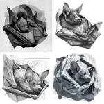 **A large, majestic bat resting peacefully, wrapped and hidden within the cocoon of its folded wings. Most of its body is concealed by its wings, with only a small portion of its face visible. The bat appears calm and observant, its gaze expressing tranquility, silence, and quiet awareness. Anatomy inspired by the fruit bat. Illustrated in a black, white, and gray color palette with rich grayscale nuances. Highly detailed line art, ink illustration style. The composition is geometric yet soft and balanced, partially structured with subtle fragmented shapes that enhance stillness rather than motion. Graffiti-inspired artistic design with a refined, modern street art aesthetic. High-contrast monochrome illustration, ultra-detailed textures, dramatic but gentle lighting, white background. --v 7.0** - <@1068240844349509652> (fast)
