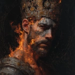 **A wide, front-facing oil painting portrait of a king wearing an awe-inspiring, intricately detailed welding crown adorned with ancient symbols and shimmering jewels that seem to pulse with inner fire. His full face, chest, and upper torso are visible. The left side of his face and shoulder are consumed by vivid, almost supernatural flames ethereal and alive casting dynamic, flickering light that dances wildly across his skin and armor. The flames subtly form ghostly shapes of angels and souls rising, blending spiritual mysticism with raw elemental power. A bold, cracked ash cross, textured like burnt wood and glowing faintly with silver embers, is emblazoned on his forehead a stark symbol of humility, mortality, and divine purification. His expression is calm yet fervent, eyes burning with inner fire and transcendent wisdom, embodying spiritual strength, sacrifice, and rebirth. The dark, textured background pulses with smoky shadows and faint celestial constellations, as if the universe itself watches this sacred moment. Rendered in rich, detailed soft oil brush strokes that give the skin a warm glow, the flames a mesmerizing flow, and the crown a regal grandeur blending hyperrealism with a visionary, almost mystical atmosphere full of emotional intensity and symbolic depth.** - Image #2 <@1097374443979935885>
