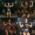 **a photo of an asian woman in her thirties doing an overhead squat wearing a black shirt with butterfly dream motif and blue shorts at the gym. She is wearing glasses, and there are some boxes on the ground, weight plates around her, and another person next to her observing how she performs the exercise. the setting is a dark room with a concrete floor and a barbell in the background. She looks focused while lifting heavy weights overhead. the image captures a moment during a crossfit training session. --p pu1nj44 9ss3njw** - <@538878031226470440> (relaxed)