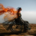 **Cosmography diaphanous double exposure featuring an avant-garde wheelchair disability accessible couture double exposure over a spellbinding natural landscape wind blowing wistfully flowy gauzy fabric --ar 4:5** - Image #3 <@948741381743083580>