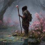 **a male halfling, dreadlocks, circle of spores druid, carrying a Shillelagh staff, next to a pond with flowers and dryads, creepy and misty, D&D fantasy character art** - Image #1 <@758604467146588180>