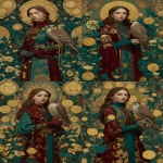 **photorealistic, klimt, like the Nine of Pentacles tarot card, exactly NINE large golden FIVE-POINTED STAR pentacle pentagram coins with visible star symbol clearly visible hanging on vines or displayed in a lush abundant garden, each pentacle must show a five-pointed star ⭐ symbol, an elegant Indian woman standing alone in the garden wearing luxurious burgundy and teal robes with rich gold Klimt patterns, a beautiful falcon or elegant bird perched on her gloved hand, expression of calm self-possession and serene independence, the nine star pentacles are prominent and easy to count in the garden around her, pentacles are star-shaped coins not circles, Byzantine gold mosaic patterns in background, atmosphere of svatantra self-sufficiency through conscious development, sense of earned independence and inner wealth, jewel tones burgundy teal gold and rich garden greens, ornate baroque frame, mood of mastery and self-reliance, --ar 2:3 --raw** - Variations (Strong) by <@1122608133139857530> (fast)