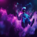 **a person with modern vr glasses from apple floating relaxed and excited in the air surrounded by sound waves like in a cloud of soundscape, vaporwave style rendering realistic --ar 3:2** - Image #3 <@761599047919206431>