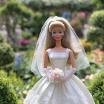**a 1980’s Barbie doll standing in a wedding gown. The dress is a-line. The veil is simple and short. In the background is a beautiful manicured garden. Ultra realistic, highly detailed, photorealistic. HD --v 7.0** - Image #4 <@1327691479602298971>
