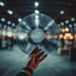 **close-up cinematic shot of human hand gently holding a translucent vinyl record made from medical X-ray film, with xray image on it of leg, full bleed , delicate etched grooves visible on the surface, dark blurred warehouse or health conference background with ambient lighting, realistic skin texture and subtle depth of field, poetic emotional tone, 35mm film photo realism, fine art photography compositio** - Image #1 <@840070267890958356>