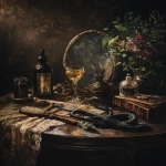 **a dark, moody, victorian oil painting in impasto style of absinthe, a golden hairbrush, other victorian and gothic curious, and a black snake on a table. --ar 3:4 --v 7.0** - Image #3 <@693132661379825714>