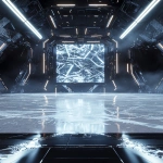**futuristic sports arena interior, glowing with black, silver and white lights, holographic LED panels stretching across the back wall, fractured ice shard textures embedded in the walls, metallic beams and chrome accents, spotlights shining through thick volumetric fog and icy haze, glossy frozen ice floor with prism reflections and frosty cracks, symmetrical wide cinematic perspective, crisp linear lights adding depth, legendary and immersive high-tech atmosphere, perfect for hockey trading card background --ar 2:3 --q 2 --v 6.1 --raw** - Image #4 <@1007029574430892245>