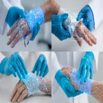 **a doctor is applying a bandage to the hand of an elderly person, and there is a digital mesh overlay on their skin indicating medical data collection for future use in the style of big data analytics with holographic chromatic details. the background should be white, and both hands have blue gloves. --ar 32:17** - <@1329364848194097226> (fast)