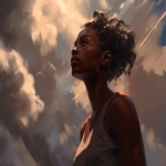 **low angle camera view, a character illustration, a black young muscular woman that made of golden light, she is looking to the sky and trying to reach out the clouds, craig mullins style --ar 4:3 --s 250 --v 5.0** - Image #3 <@942102369683001474>