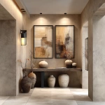 **modern stylish hallway, warm plaster walls, narrow console table, ceramic vases, minimal lighting, neutral earth tones, two vertical framed artworks (2:3) side by side above console, clean elegant atmosphere, --ar 1:1 --s 250** - Image #4 <@936233332788854815>