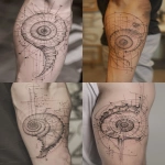 **Upper arm tattoo design, semi-realistic style. A detailed nautilus shell as the central element, symbolizing the golden ratio and Fibonacci sequence, surrounded by elegant mathematical elements--geometric shapes (triangles, circles, spirals), fractals, number sequences, and fine line graphs. Incorporate subtle overlays of mathematical formulas (like Euler’s identity, Pi, and the golden ratio φ), abstract logic circuit patterns or sacred geometry. Intricate fine linework, black and grey ink with subtle hints of gold or violet, vertical layout for upper arm, balance of organic forms and precise geometry, tattoo sketch style --v 6.0 --ar 2:3 --raw** - <@146051115195039746> (fast)