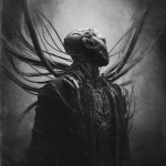 **full length black and white photograph / of a ripped alien man / infused with massive biomechanical tendrils / etched with intricate textures / heavy industrial aesthetics / dark futuristic fantasycore / full length view / eerie / foreboding / grainy / gritty / grungy / macabre / menacing / mysterious / ominous / strange / uncanny** - Image #1 <@1080572898269466724>