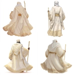**Illustrate Prophet Solomon (Sulaiman) shown only from the back. Absolutely no facial features, no hair, and no skin visible. His head is fully covered with anoff-white scarf**. He is wearing a modest white or beige gown with golden decorative patterns on the tips and a golden belt. The gown flows widely to both sides, showing majesty and authority. He is holding a golden wooden stick from his back view. Style: children’s book cartoon illustration, vector style, soft rounded but solid shapes, clean outlines, flat gentle colors, minimal details. Adult proportions, strong and dignified stance, not childlike. Simple or transparent background. Fully consistent with the same illustration style used throughout the story. NOT child, NOT baby, NOT chibi, NO face, NO hair, NO skin** - <@1248266731084845079> (fast)