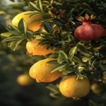 **Ultra realistic DSLR close-up photograph of a lemon tree branch with glossy elongated green leaves and whole bright yellow lemons, growing closely beside a pomegranate tree branch with dark green narrow leaves and several whole round red pomegranates with crown-like calyx tips, both fruits naturally overlapping in the same frame as if the trees grew side by side, natural outdoor lighting, soft golden hour sunlight, organic fruit textures with natural imperfections, hyper-detailed, 8k --ar 2:3 --v 6.0 --raw** - Image #3 <@1068890344428675213>