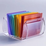 **Isolated product photo of a transparent acrylic file organizer holding colored folders, placed on a neutral background with soft drop shadow, camera at 45-degree angle, ultra-sharp edges and clear material rendering, minimal reflections, --ar 4:5 --v 6.1 --quality 2 --raw** - Image #2 <@1145244586088861708>