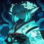 **A vibrant anthropomorphic scyphozoa princess, she is wearing a intricate kimono featuring elemental water, she has a royal brooch in her hair, pale blue translucent skin, graphic novel cover, line art style, tentacle and seashell aesthetics, jelly nucleus, dark background, Kawacy, Tetsuya Nomura, Peter Mohrbacher --p 552yful --ar 2:3 --niji 6** - Image #4 <@348134085279088651>