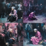 **A fast, strongly colored painting, heavily in tones of pink, white, purple-blue and black, Paris streets, Victorian era, focusing on an old beggar woman, shabby, sad, dirty, begging on the street, sitting, people around her, in a full-screen shot, dark atmosphere. Painted by Jenny Saville** - <@1106776019475636345> (fast)