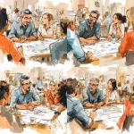 **a group of designers at a table discussing a set of plans, for a graphic for a PowerPoint, more stylistic than photo realistic, image of a Hispanic man and white woman, discussing plans on a table** - Variations (Strong) by <@425885932529647627> (fast)