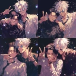**Still taken shot from anime episode - Levi Ackerman from Attack on Titan and Satoru Gojo from Jujutsu Kaisen. Gojo has white hair, his arm around Levi's shoulder and is posing with a big smile and making a peace sign, Levi has black hair, has his arms crossed and looks slightly annoyed against a black background with sparkles in the art style of attack on titan anime. Friendship-style pose, Anime TV art style, attack on titan, jujutsu Kaisen. Uniform details, beautiful lighting, anime art, manga --niji 6** - Variations (Strong) by <@774763495555072010> (fast)