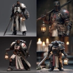 **make a black Templar warrior from warhammer 40k. He’s in a fighting stance. Make him look like a crusader/knight. Make him holding a lantern in one hand and a broad sword in the other. In the style of a hyper realistic video game cut scene** - <@697562114692218901> (fast)